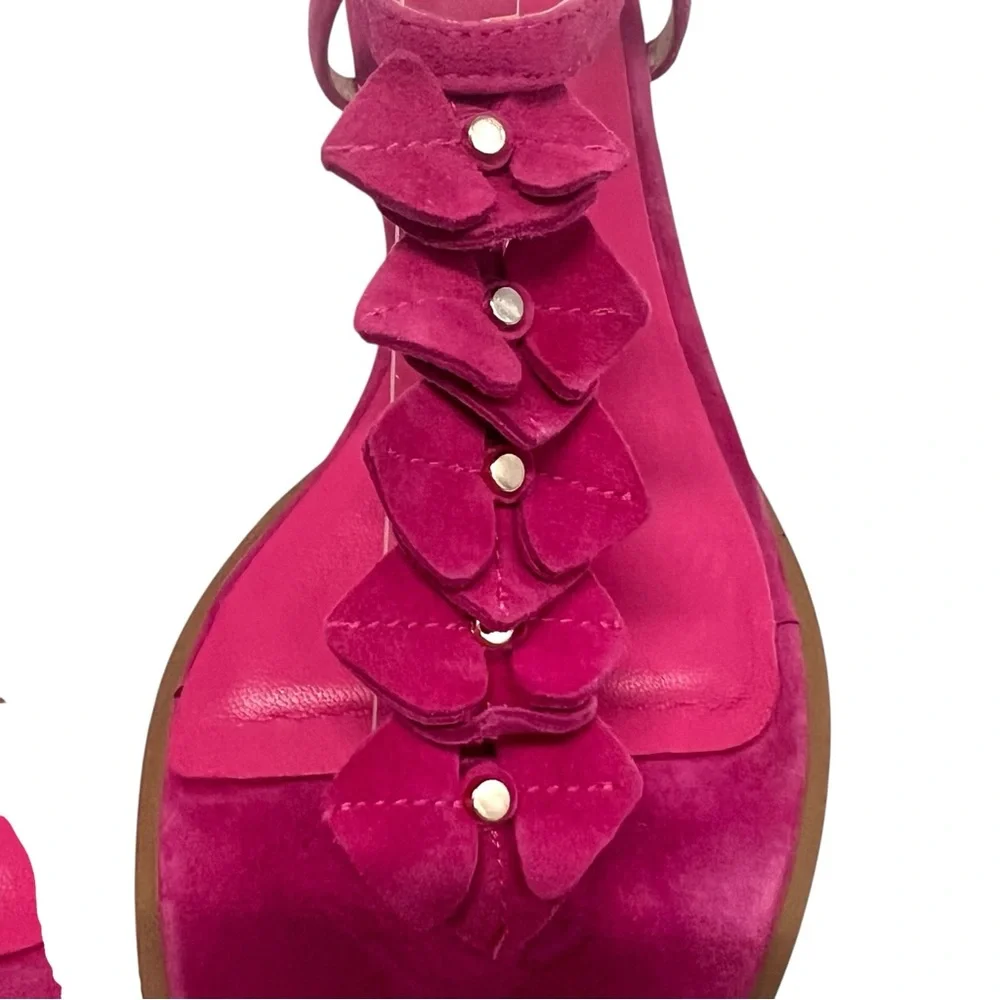 Jack Rogers Fuchsia Pink Suede Block Heel Floral T Strap Sandals Women’s 7.5 - Picture 6 of 14
